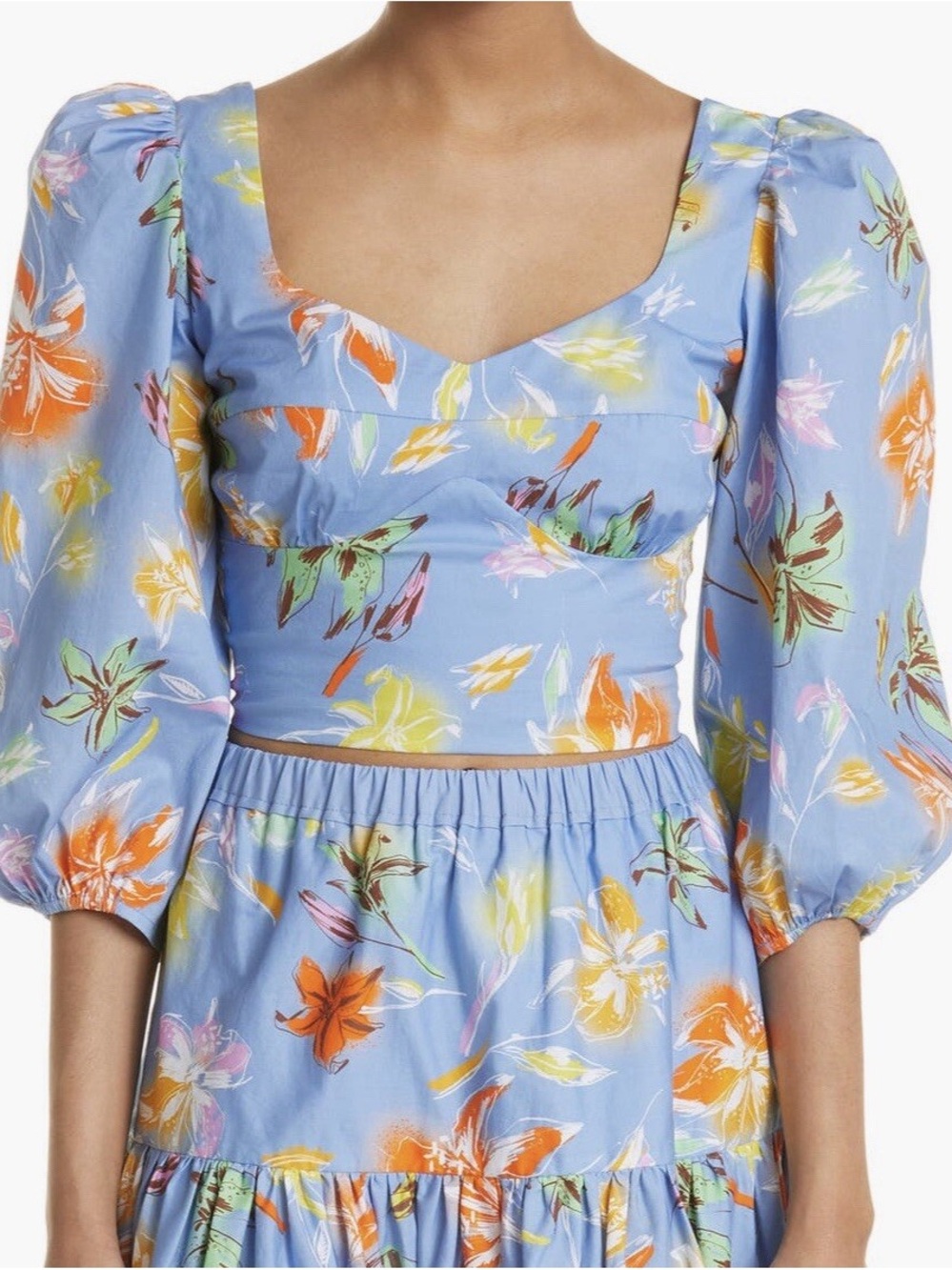 Tanya Taylor Aileen Stretch Poplin Multi Floral Puff-Sleeve Crop Top Women’s 18